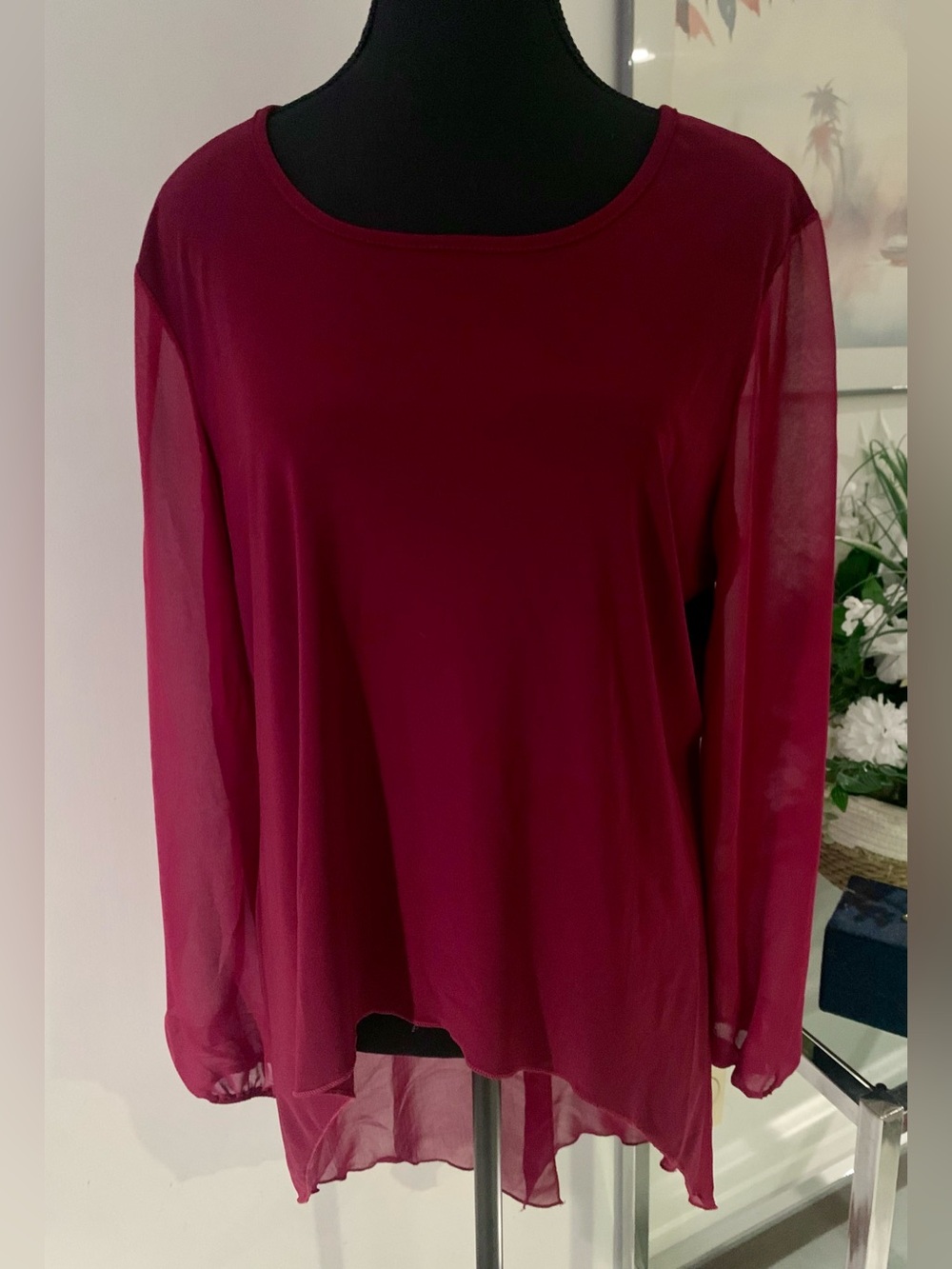 Lightweight Burgundy Long-Sleeve Chiffon Blouse, Vintage 1990s 2000s